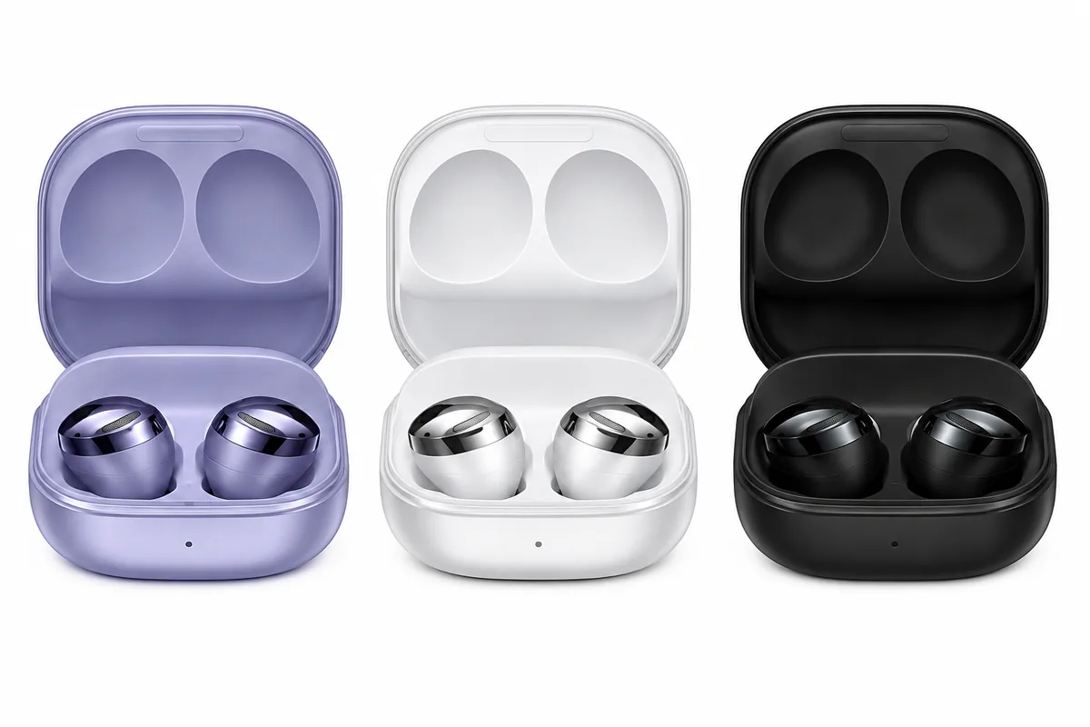 Audífonos inalámbricos en violeta, blanco y negro