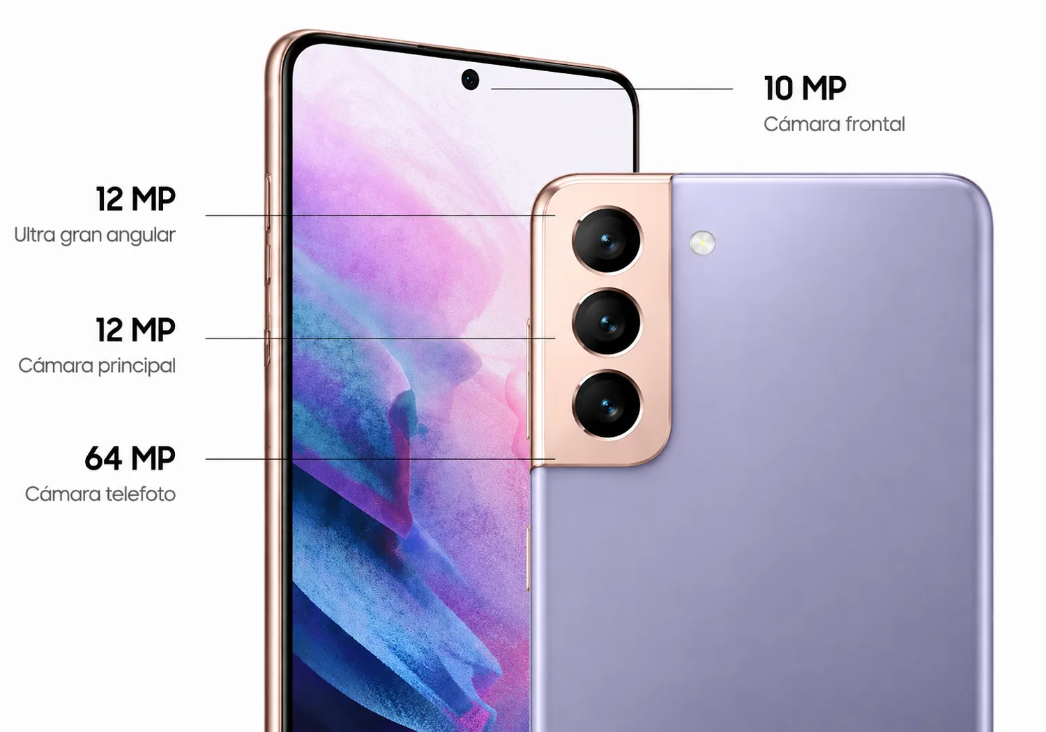 Detalle de las cámaras: 10 MP frontal, 12 MP ultra gran angular, 12 MP principal y 64 MP telefoto