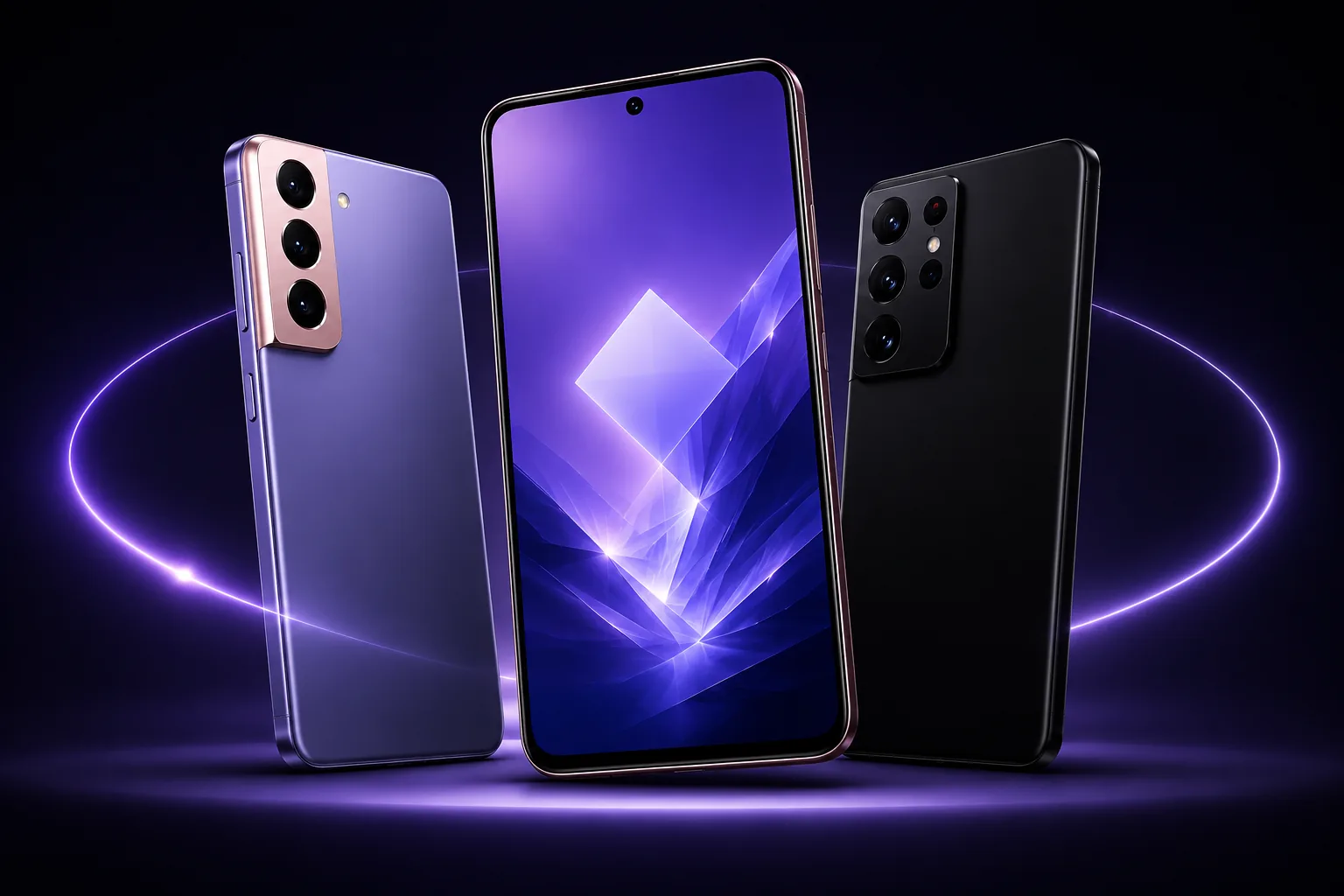 Tres teléfonos Galaxy rodeados por un anillo de luz violeta